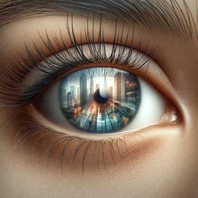 The primary subject of the image is a person's eye, which is shown in a close-up view. The eye is reflecting a cityscape, creating a visually striking scene. The setting is a city environment, with buildings and other urban elements visible in the reflection. The visual style is a combination of photo and digital art, as the eye is captured in a detailed and artistic manner. The colors and mood of the image are vibrant and lively, with the cityscape providing a sense of energy and activity.